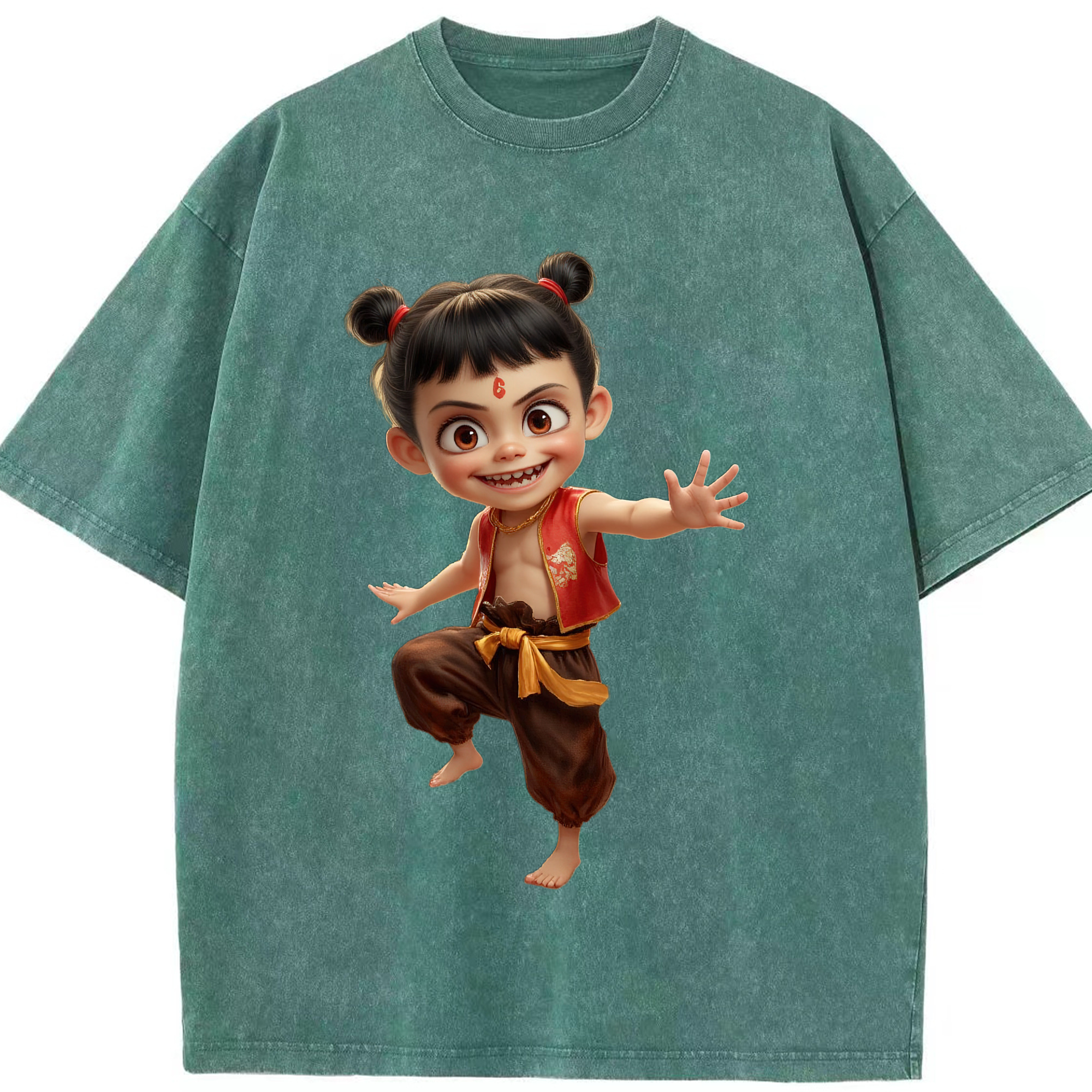 （画像用） Ne Zha 2 ナタ 魔童の大暴れ 綿100% ヴィンテージ風 半袖Tシャツ（フロントプリント）